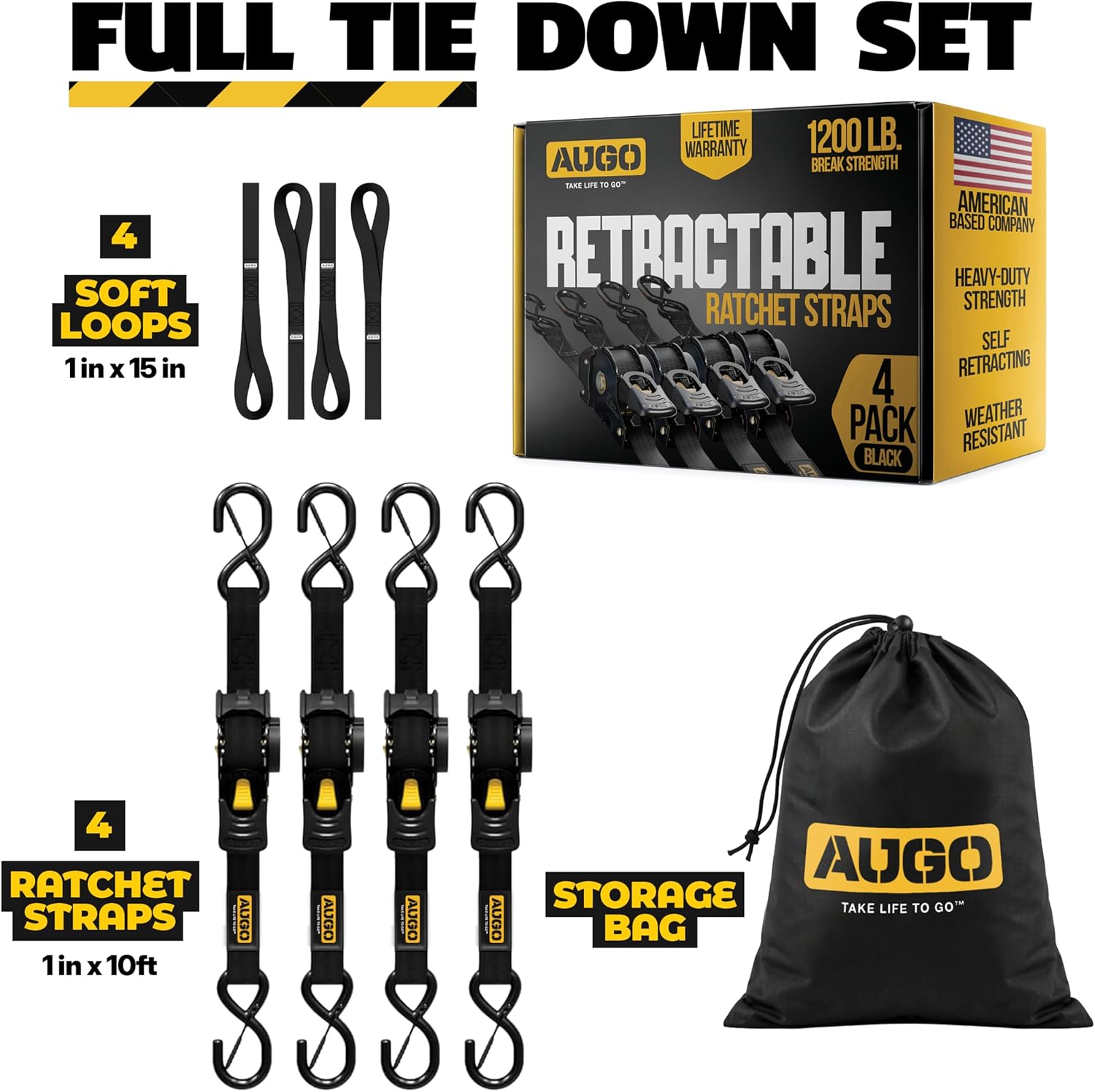 Thumbnail 3 de AUGO Retractable Ratchet Straps — 4-Pack, 1" x 10’, 1200 lb Break Strength with Soft Loops & Storage Bag