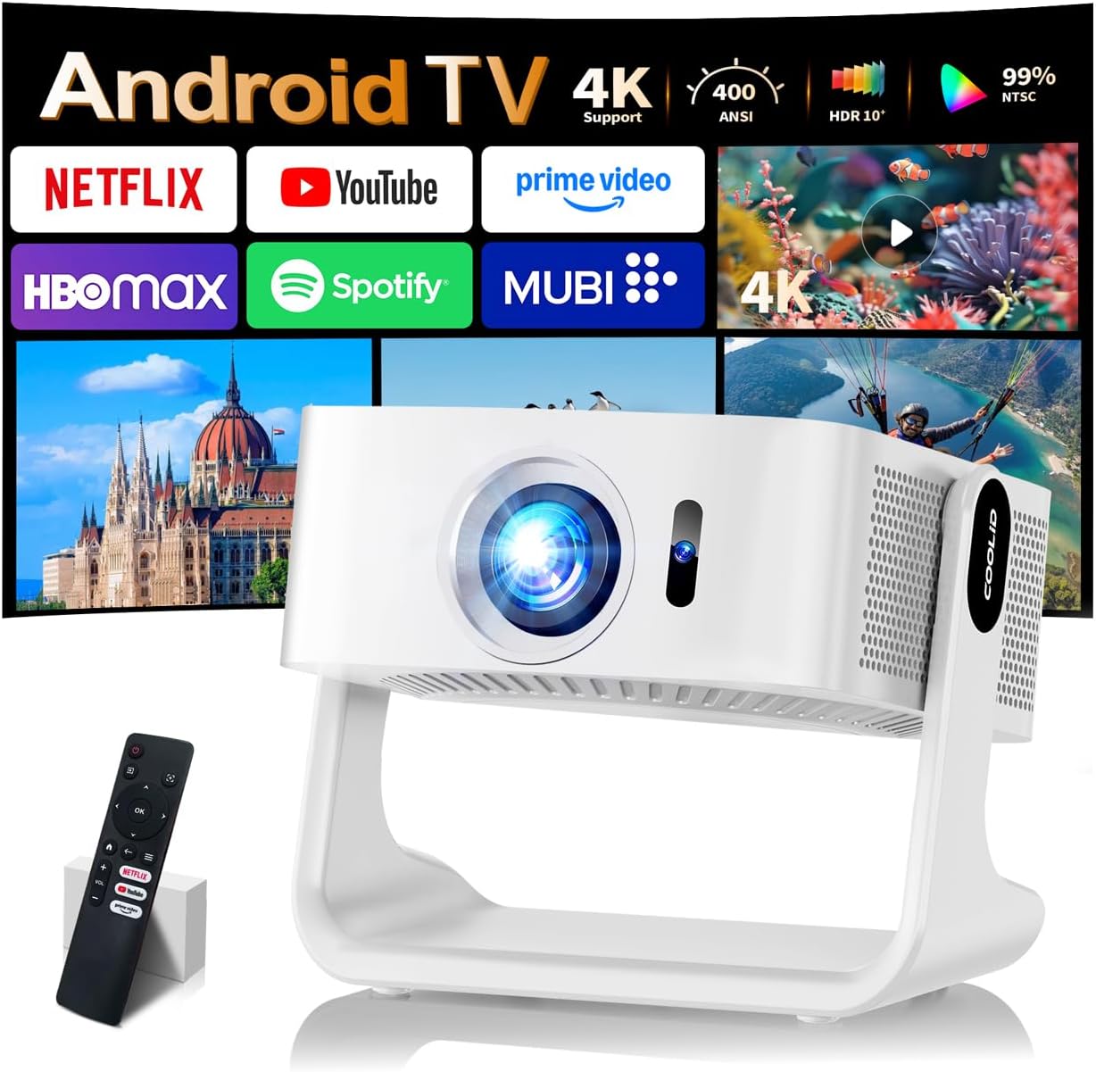 Detalle de Tragbarer 4K-Beamer (1080P nativ) mit Netflix-Kompatibilität, WiFi 6 (5G Dualband) & Bluetooth 5.4 – C5 in Weiß