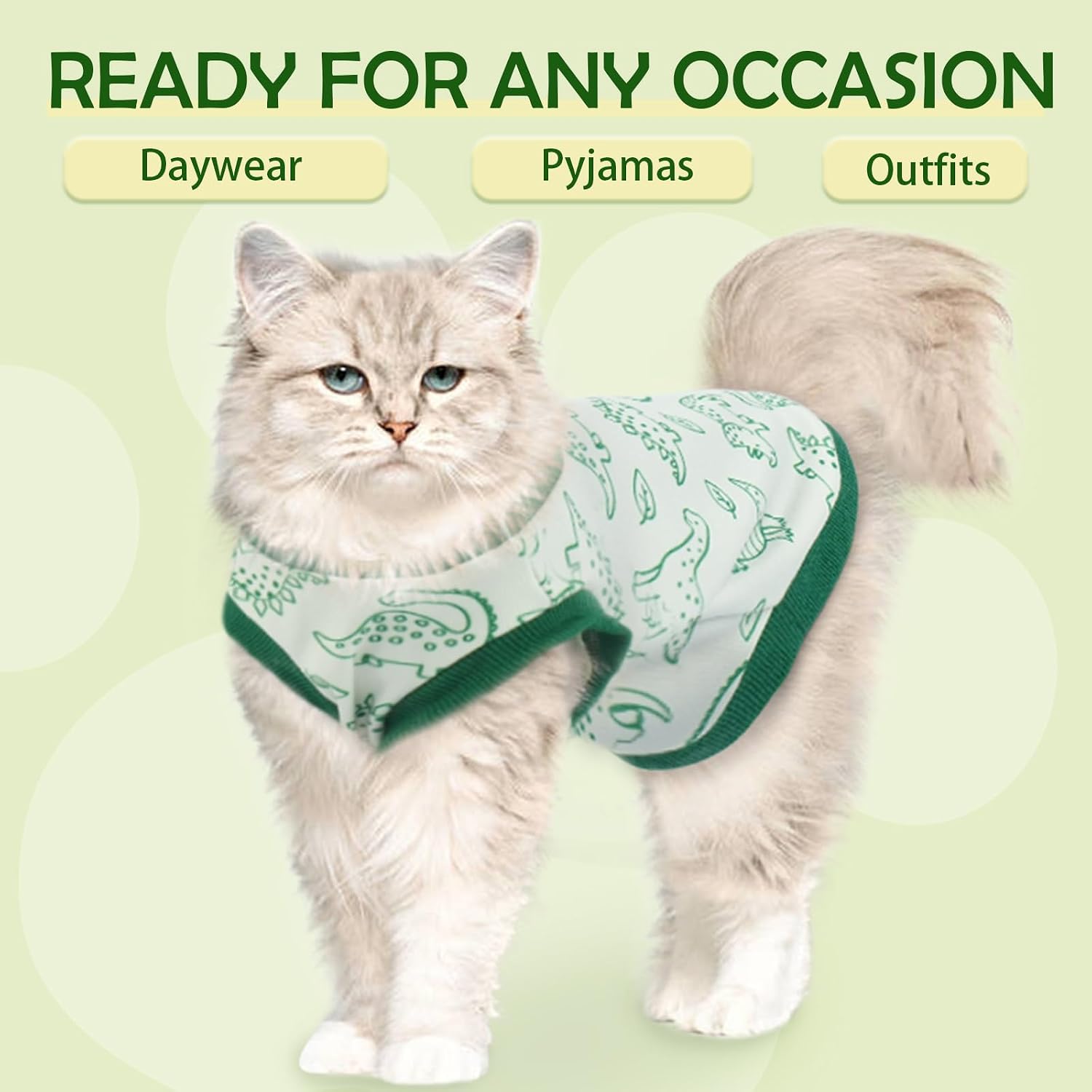 Detalle de OUOBOB Sleeveless Cat Vest in Dralon Fleece – Dino Print, Sphynx & All Breeds (Green M)