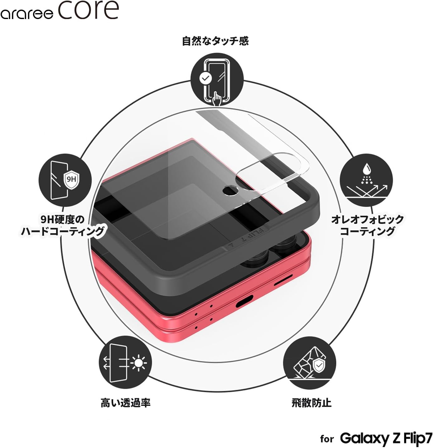 Thumbnail 2 de Araree AR27959GZFP7 CORE Galaxy Z Flip7用カバーディスプレイ強化ガラスフィルム 2枚入り・9H硬度