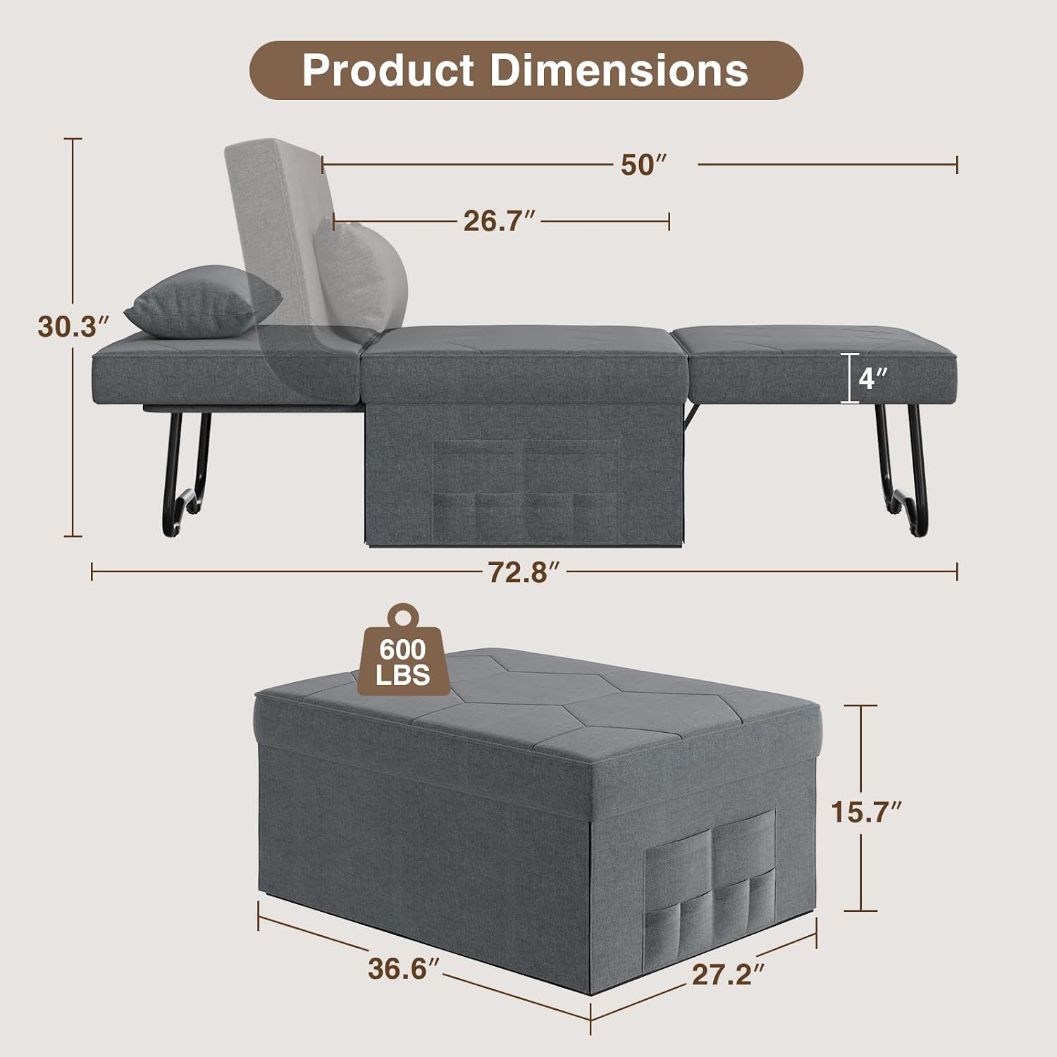 Detalle 2 de FiveWillowise Convertible Sofa Bed, Linen