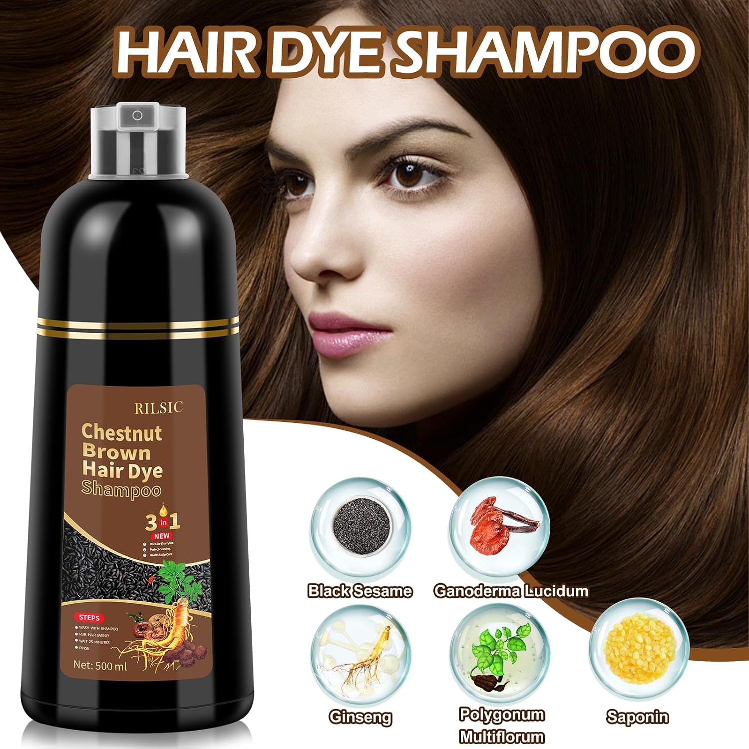 Detalle de RILSIC 500ml Shampoo Colorante 3 in 1 – Tinta per Capelli Castano, Copre Grigi e Nutre