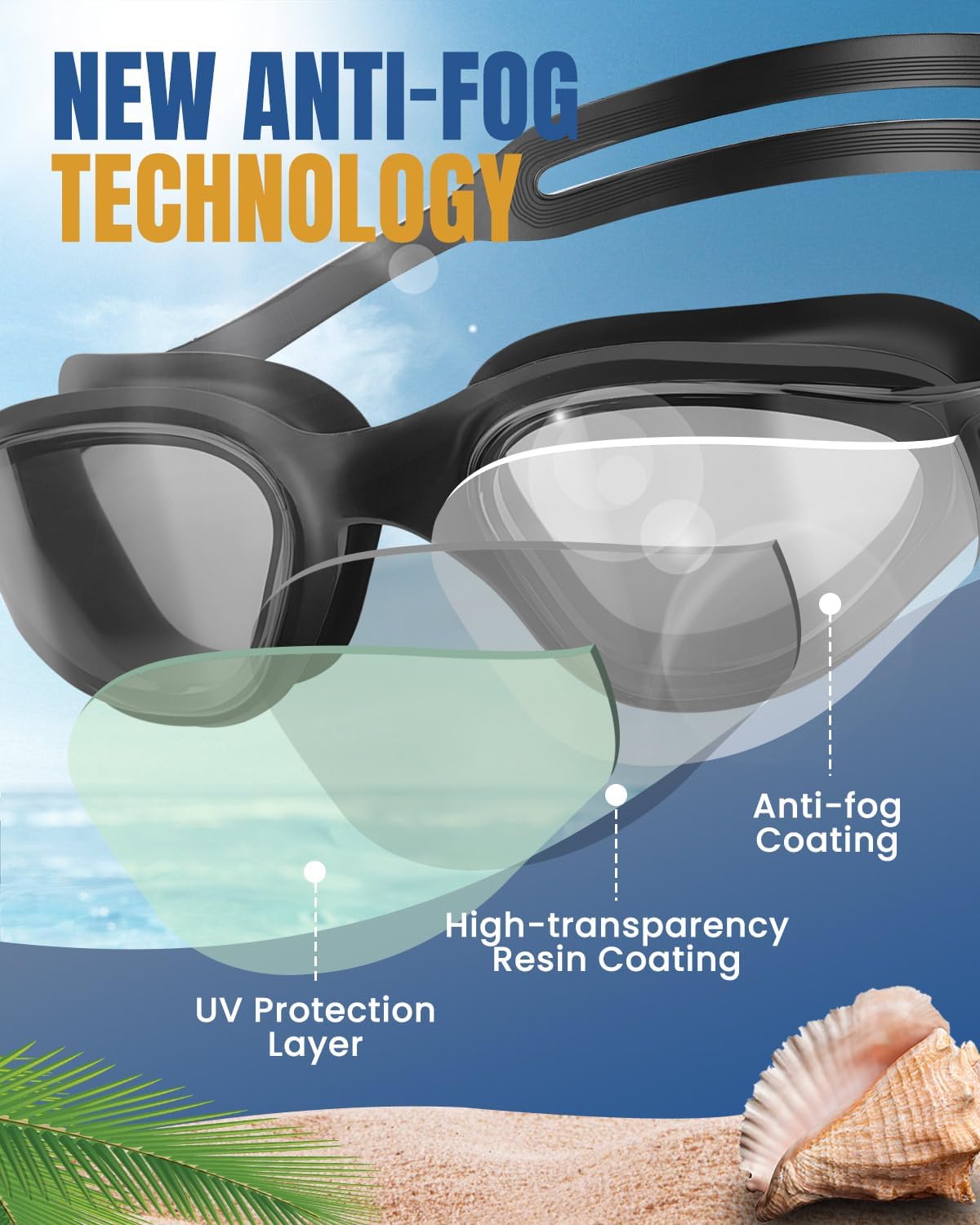 Thumbnail 1 de Updated Anti-Fog Swimming Goggles for Adults with UV Protection and Secure Fit (Black) – Men & Women