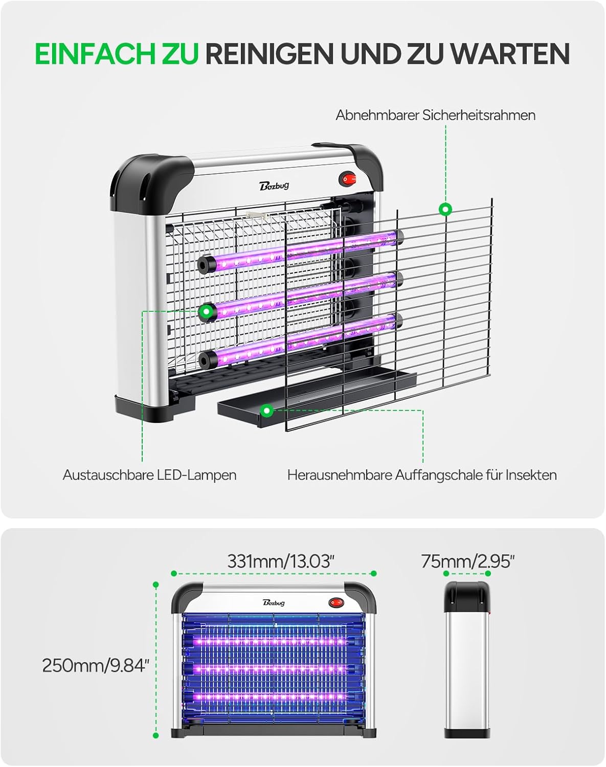 Detalle de Buzbug LED Insektenvernichter Innen MA009 – Dual-UV, 3 LED-Röhren, Hochspannungsgitter