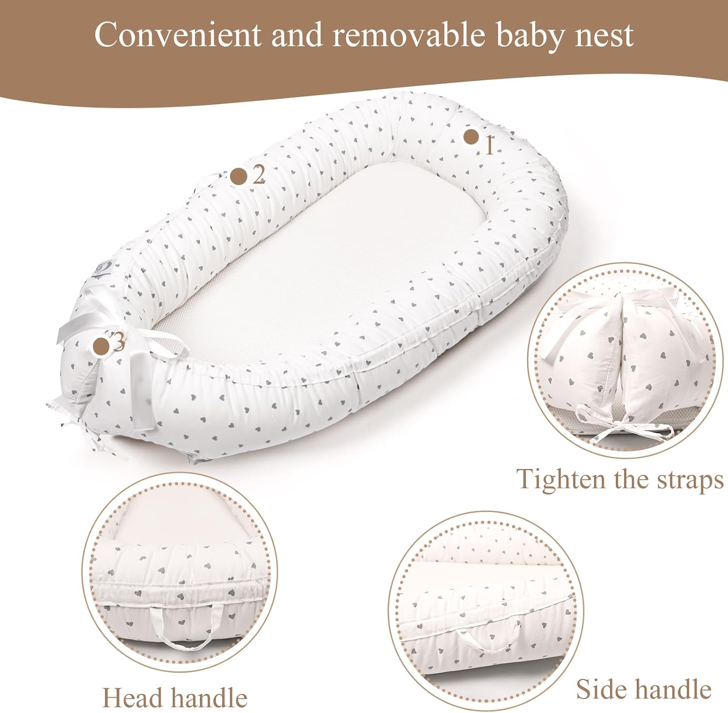 Thumbnail 5 de EAQ Baby Lounger Baby Nest for Co-Sleeping (0–12 months) in 100% cotton – White/Grey