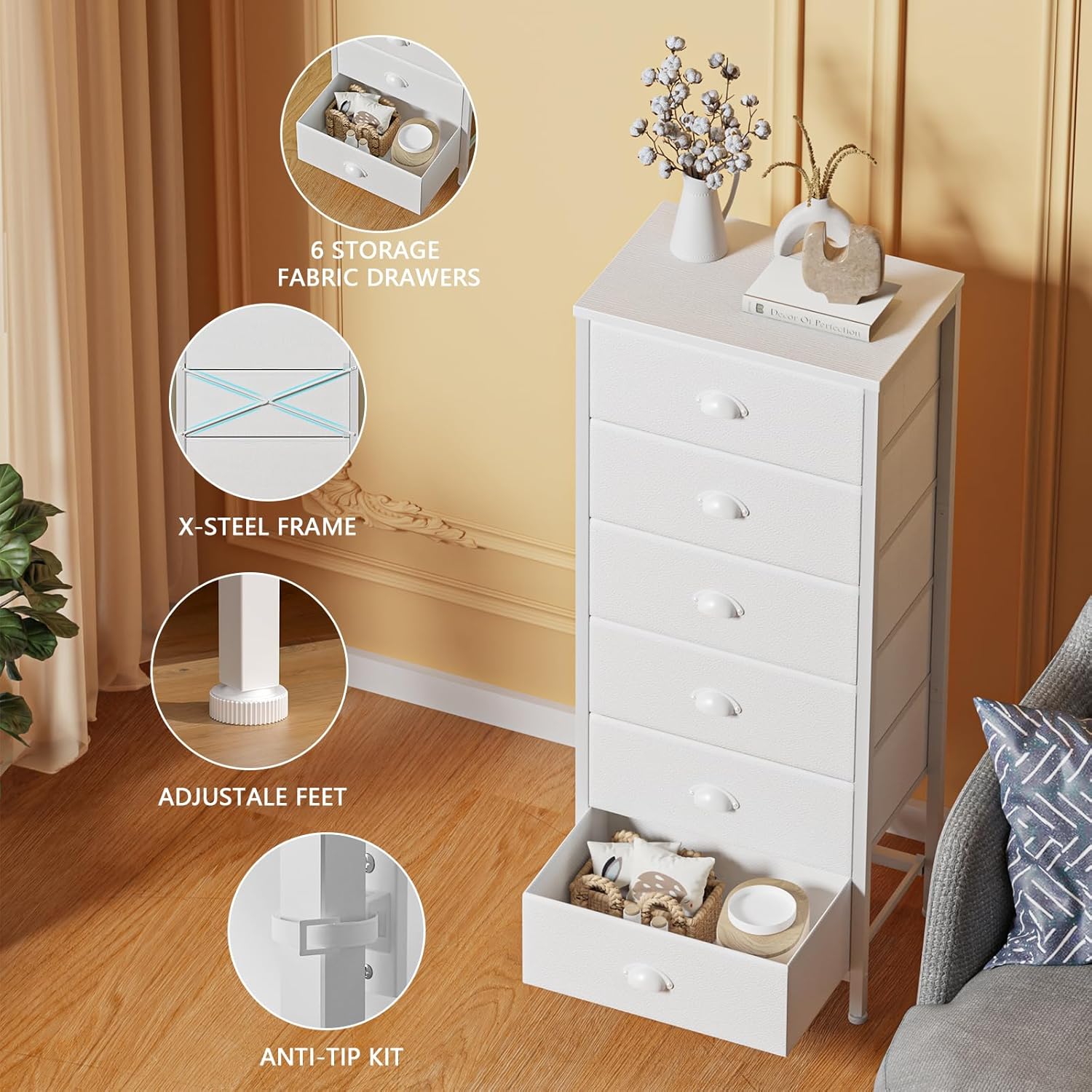 Thumbnail 4 de Furnulem White Tall Dresser 6-Drawer
