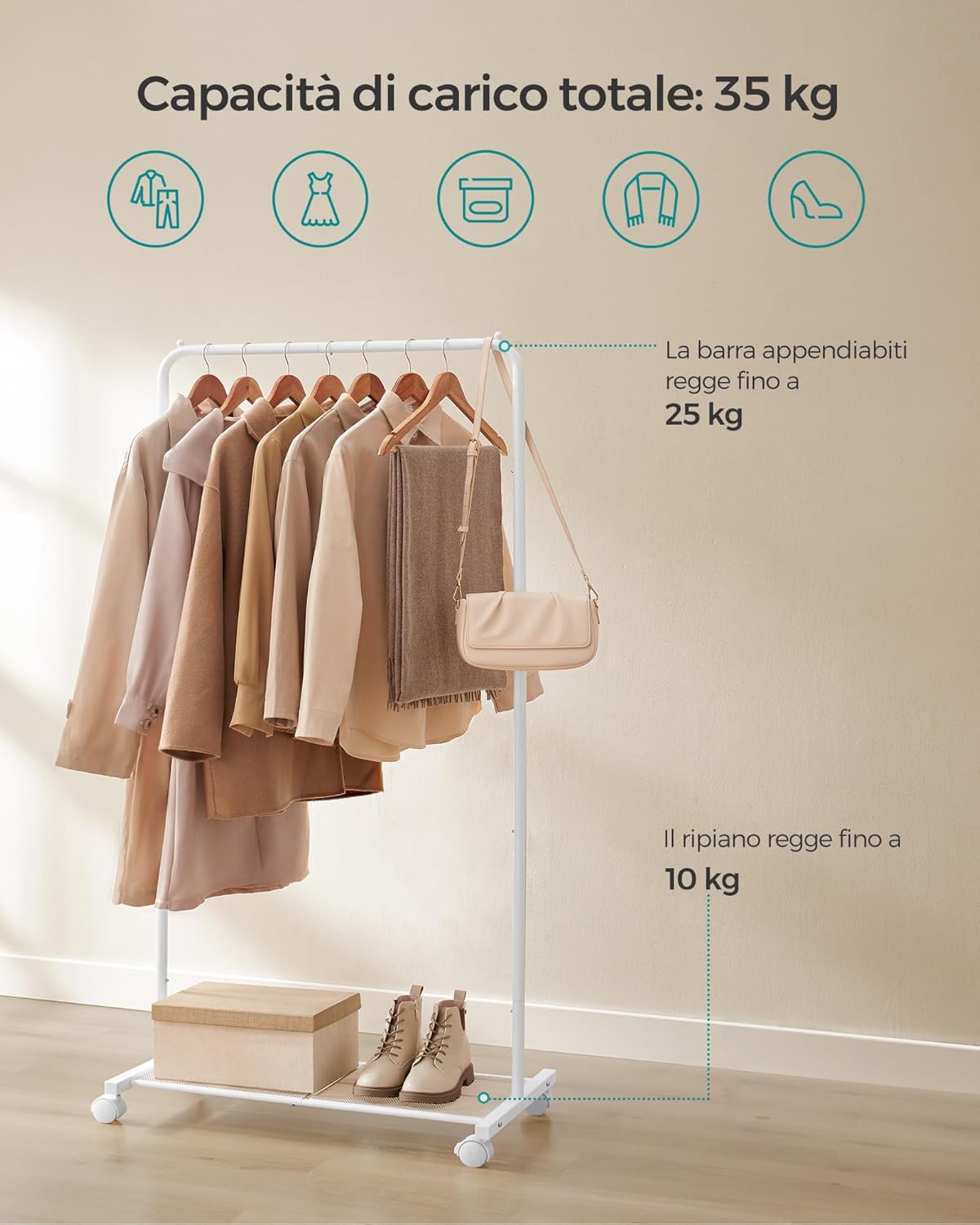 Thumbnail 2 de SONGMICS Stand Appendiabiti con Ruote HSR130W01 – 40,5 x 74 x 158 cm, struttura in metallo