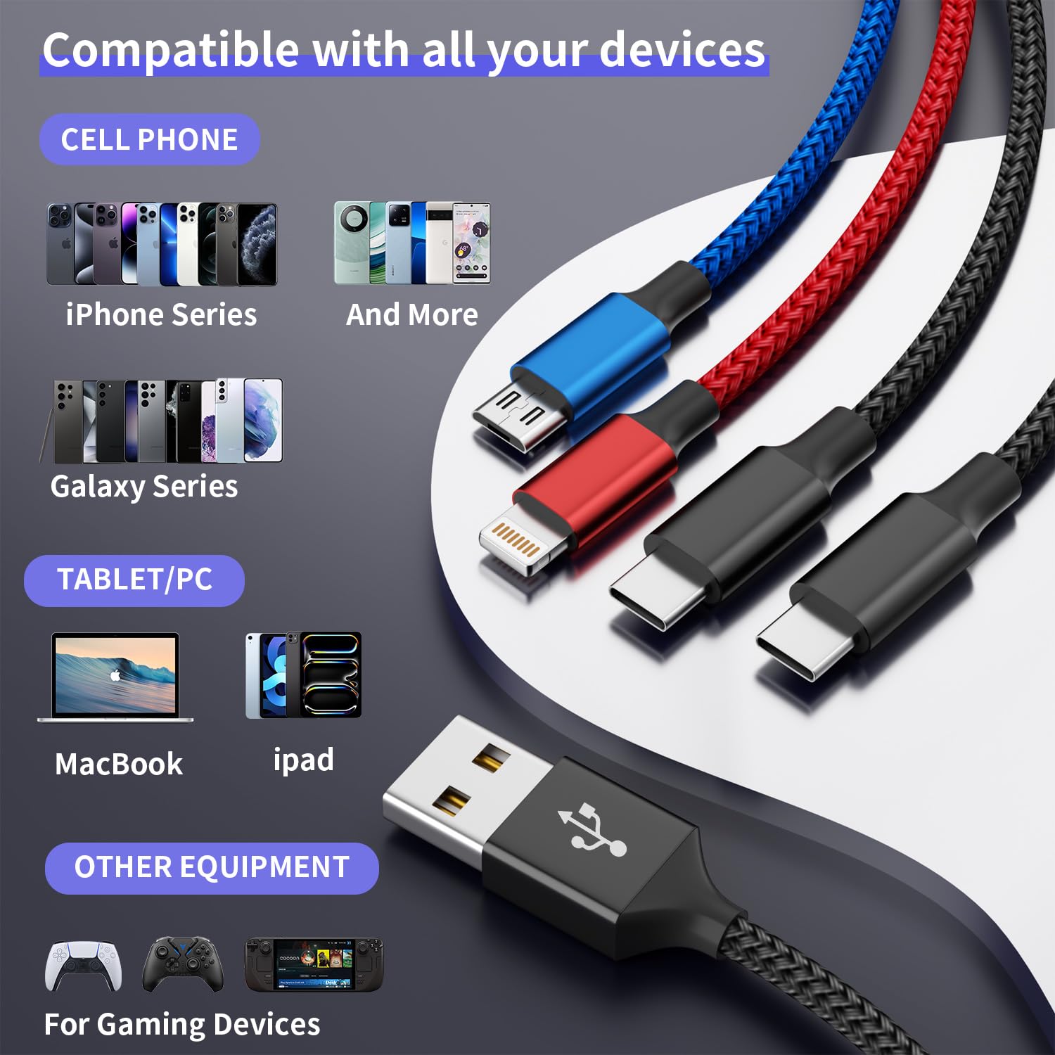 Thumbnail 2 de MPATIBY NM4IN12C4PC5FT-1 4-in-1 Charging Cable, 5 ft, 4-Pack