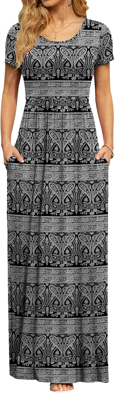 Detalle 2 de DB MOON Women’s 2026 Summer Maxi Dress with Pockets — Empire Waist, Short Sleeves, Casual Long Beach Maxi