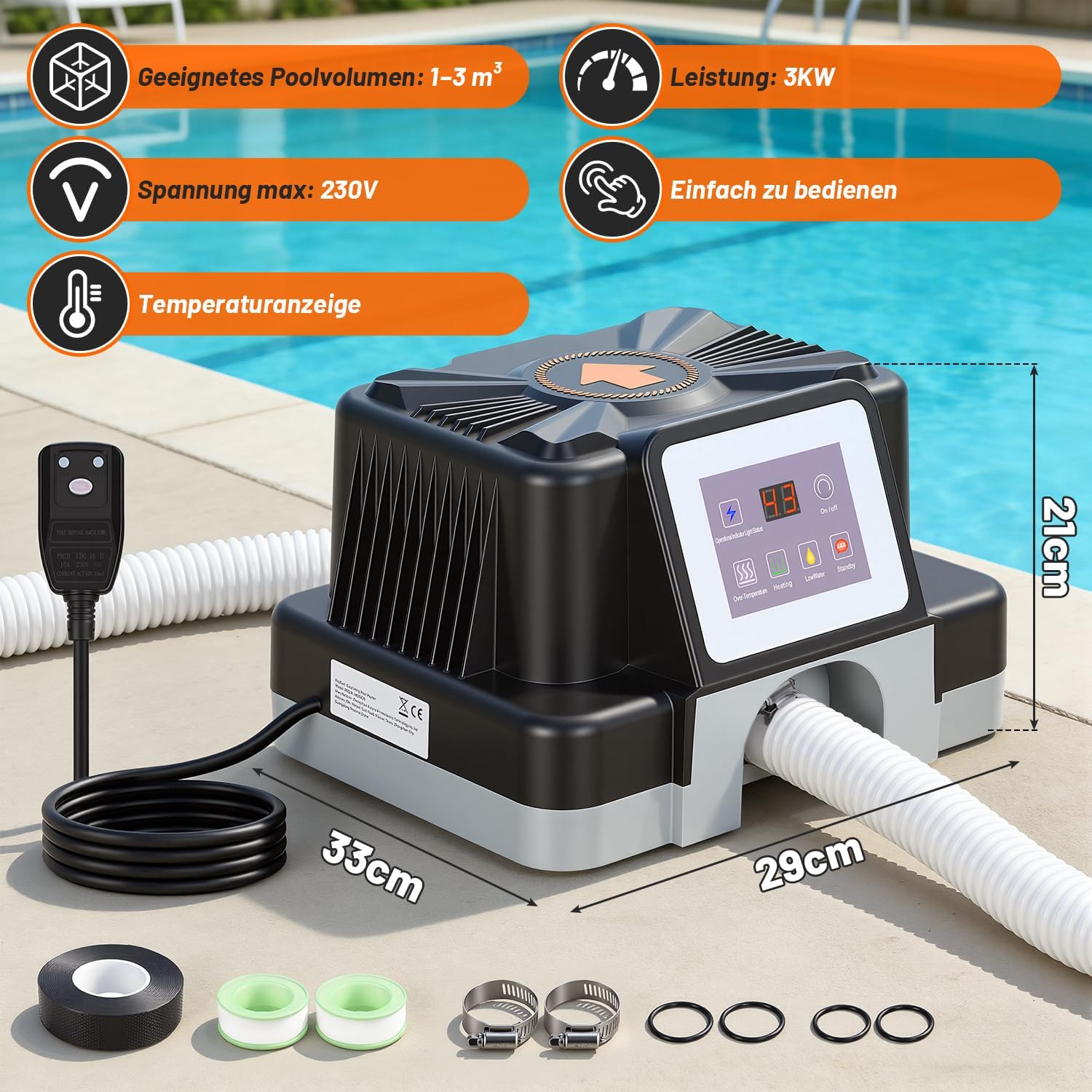 Detalle de Hebitod Riscaldatore per Piscina 3 kW: calore affidabile all’aperto (32–38 mm) con display