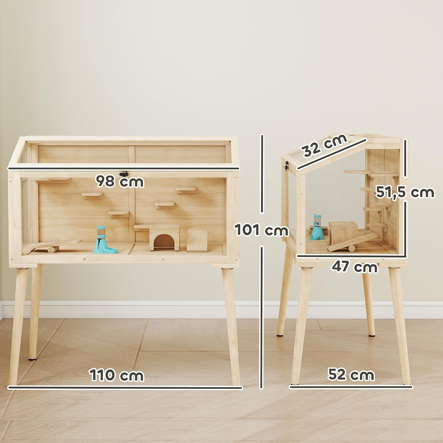 Thumbnail 6 de PawHut Cage Hamster en bois FSC avec toit ouvrable, 7 plateformes, 2 balançoires et bouteille d’eau (110 x 52 x 101 cm)