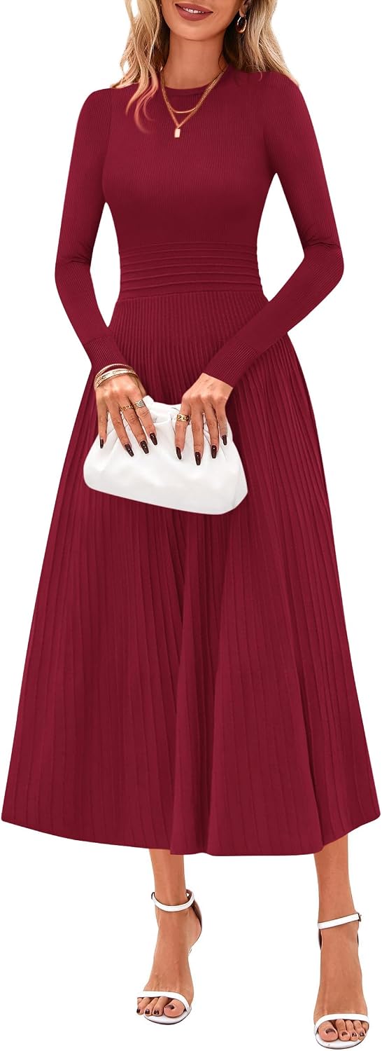 Detalle de PRETTYGARDEN Women's Long-Sleeve Knit Sweater Dress, Pleated A-Line