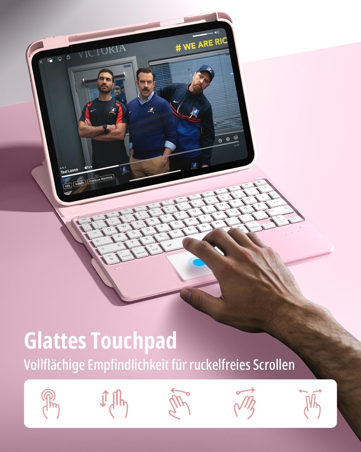Detalle de CACOE Drehbare Hülle mit Tastatur für iPad (A16) 11/10 Generation inkl. Touchpad – Hellrosa