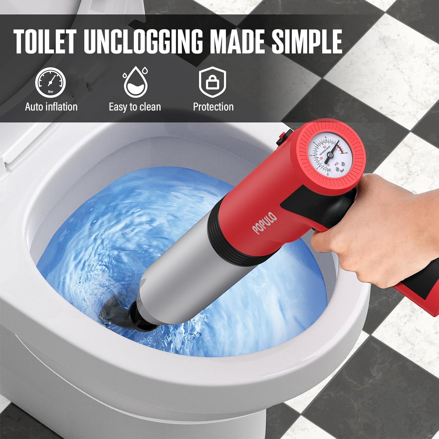 Detalle de POPULO Electric Toilet Plunger Swift High Pressure Drain Unclogger