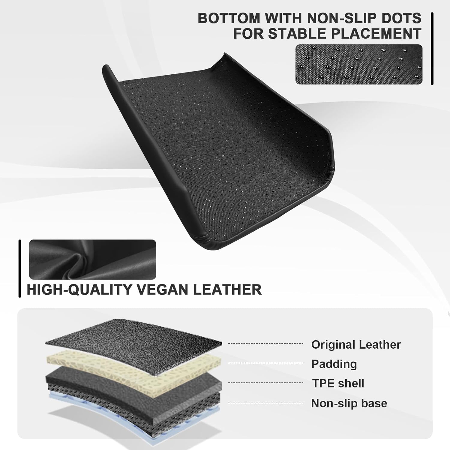 Detalle de Muslogy Center Console Armrest Cover for Tesla Model Y Juniper 2026+ / Model 3 Highland 2024+ (Black Vegan Leather, Snap-On, 4-Layer Design)