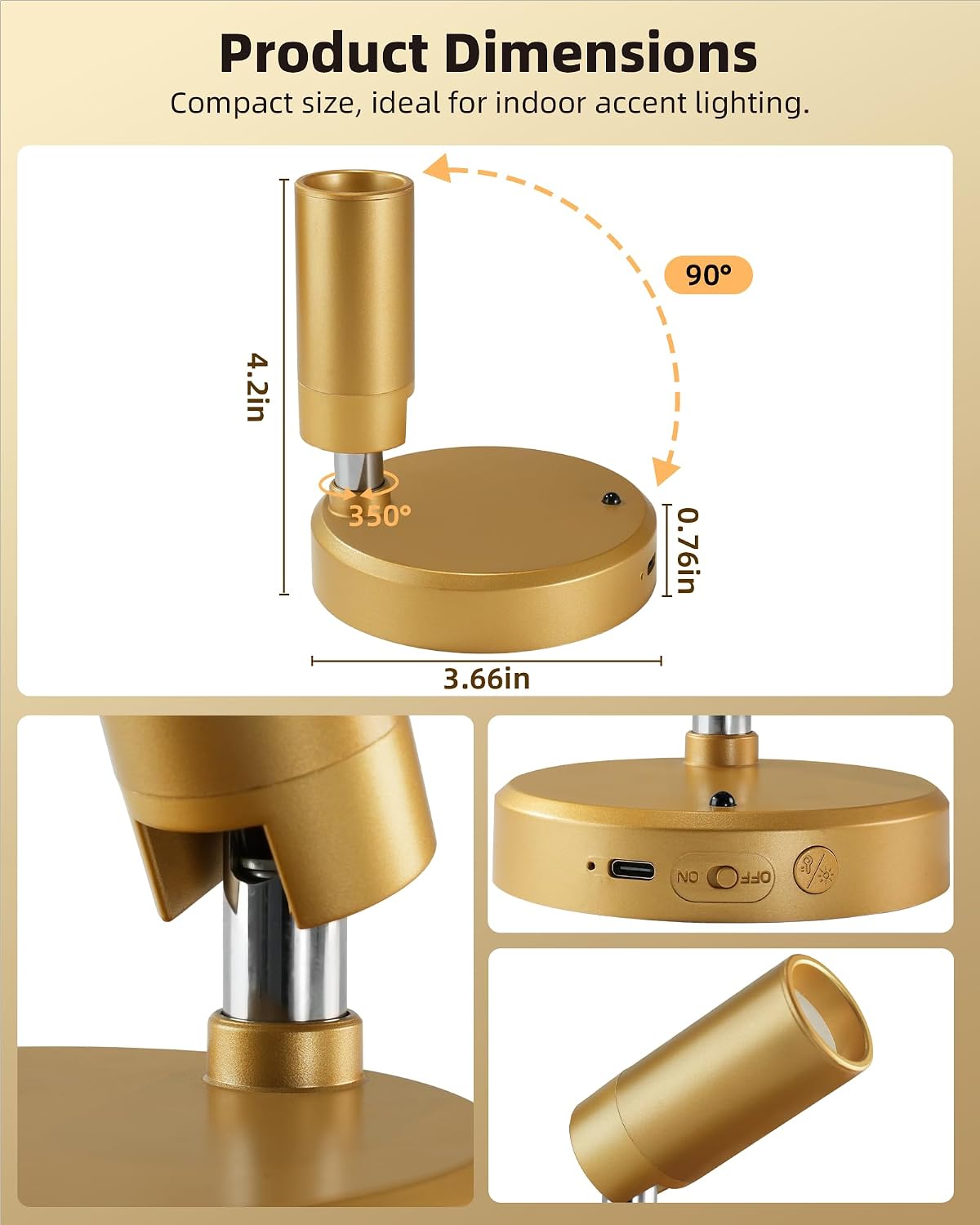 Detalle 1 de EZVALO EZL2414A Indoor LED Spotlights, Rechargeable, Remote-Controlled, Gold 2-Pack
