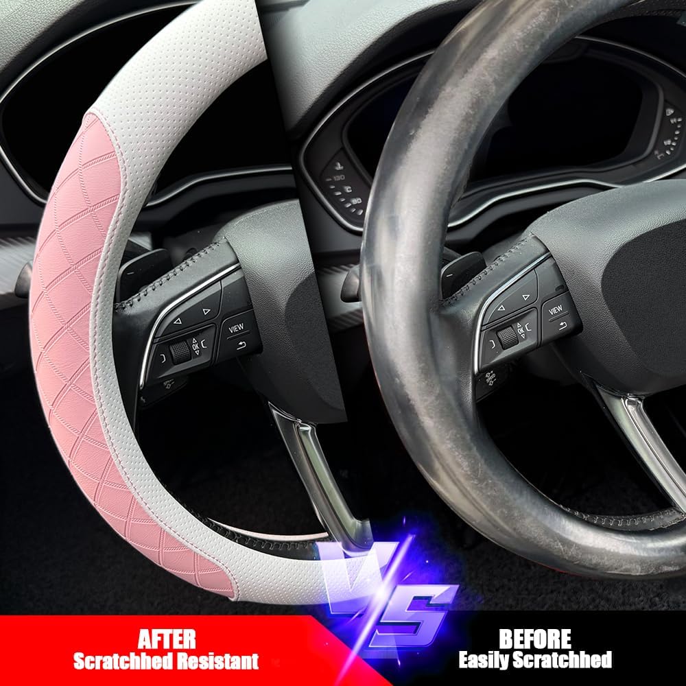 Thumbnail 4 de LKWLIKEI Nappa Leather Steering Wheel Cover with Diamond Checkered Design (White & Pink) — Fits 14.5–15 in