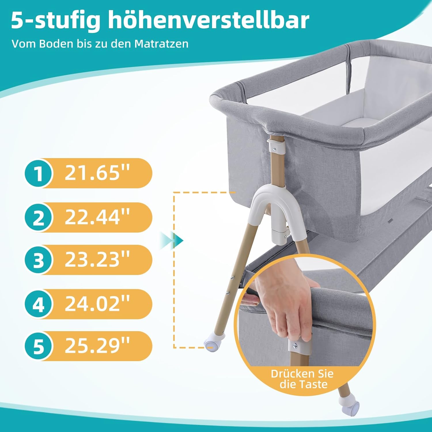 Thumbnail 4 de cozydwells 3‑in‑1 Beistellbettchen (Tragbares Reisebett) grau – höhen- und neigungsverstellbar mit 4 abschließbaren Rollen