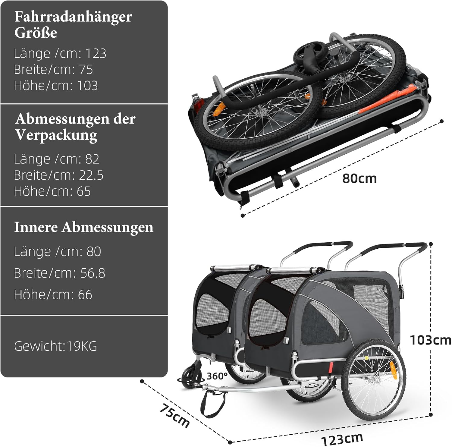 Detalle de Fiximaster XL 2-in-1 Hundeanhänger & Jogger mit Handbremse, Hunde bis 40 kg