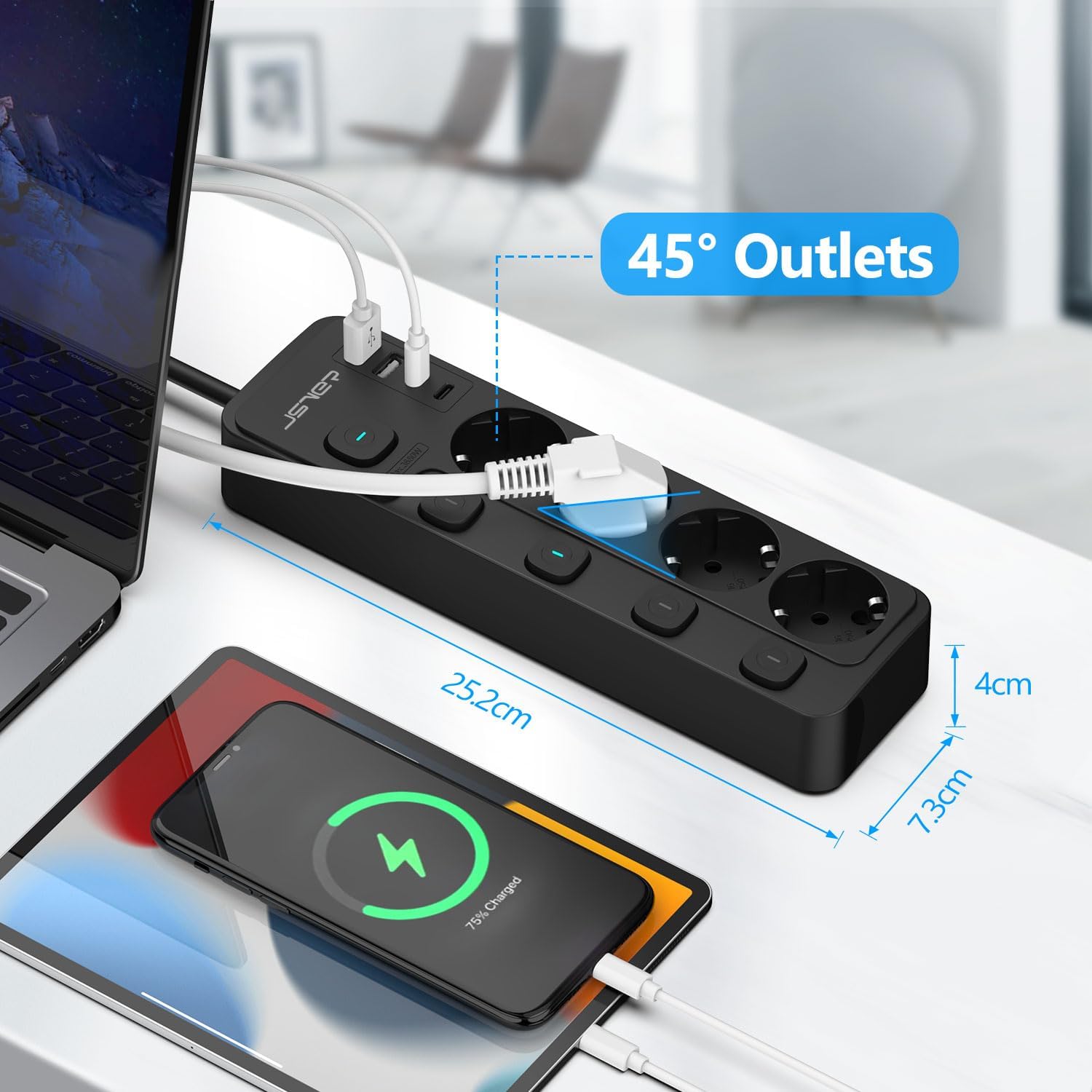 Thumbnail 4 de JSVER Multiprise USB avec interrupteurs individuels, 4 prises CA et 2 USB-A (2 ports USB-C) noire