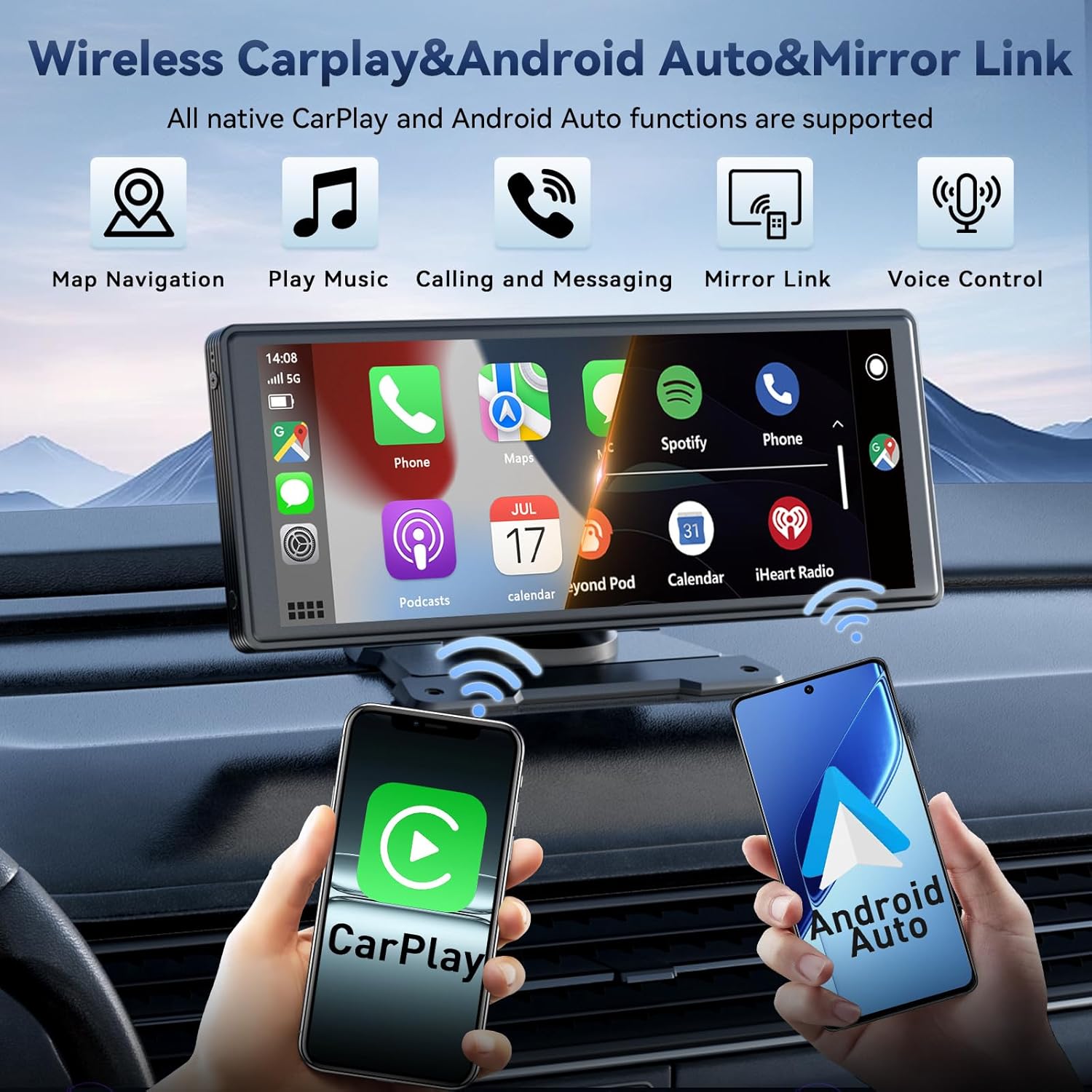 Detalle de Écran Carplay sans Fil 10,26" pour Apple CarPlay & Android Auto – Caméra de Recul 1080P et GPS