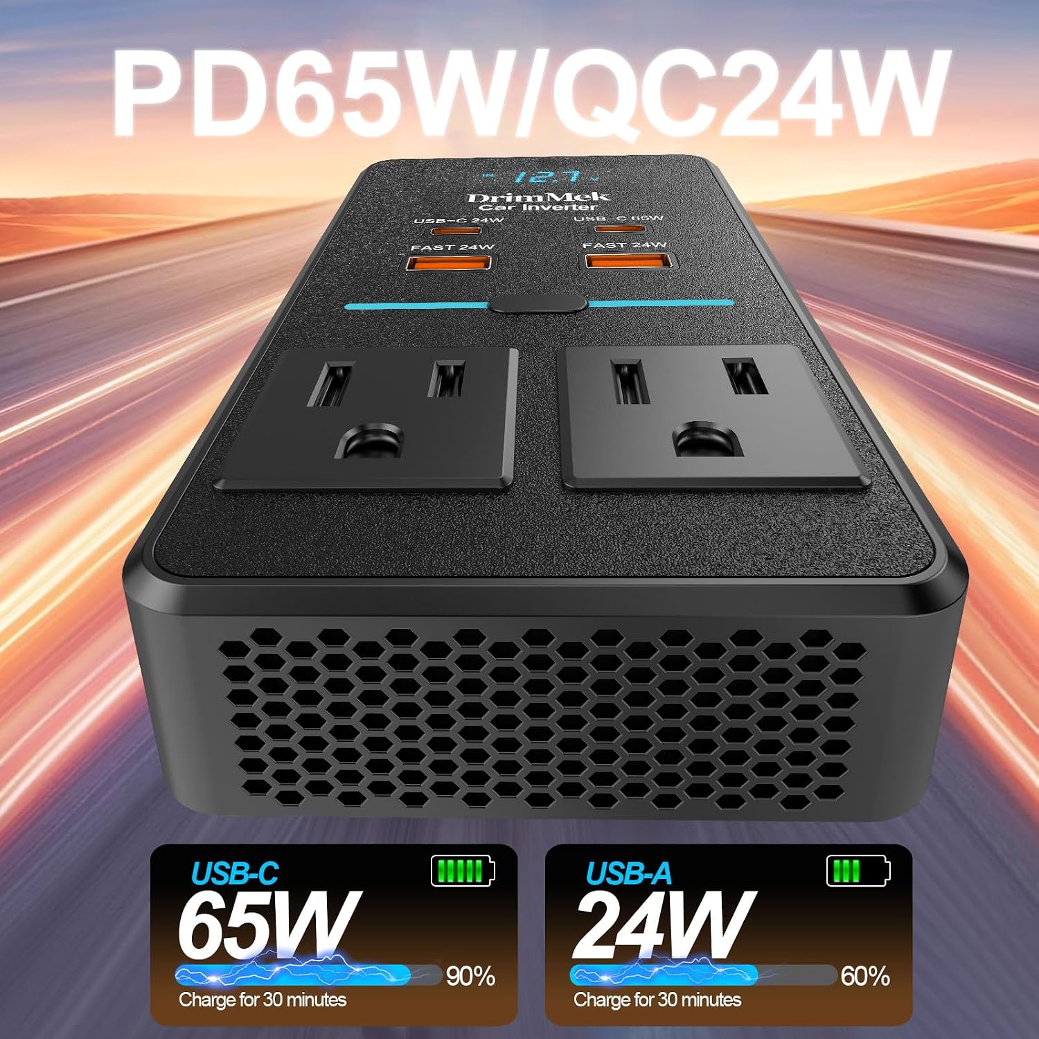 Detalle de 300W Car Power Inverter: 12V to 110V with 65W USB-C Fast Charging