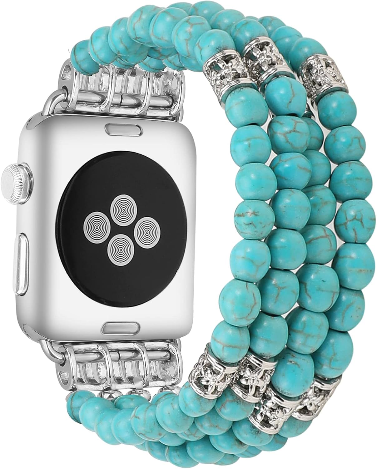 Detalle de GEMEK Turquoise Pearl Beaded Elastic Apple Watch Strap (42–49mm) – Handmade Stretch Bracelet
