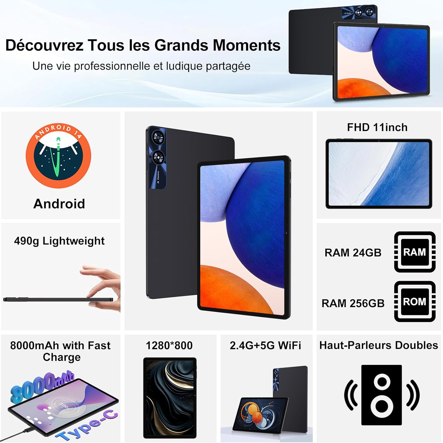 Thumbnail 1 de Nouvelle tablette Android 11 pouces 2026 : 24 Go RAM, 256 Go ROM extensible (jusqu’à 2 To) avec 5G WiFi 6, Widevine L1