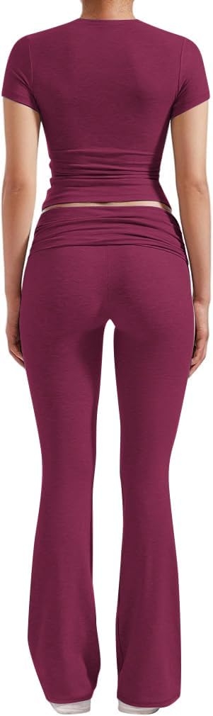 Thumbnail 2 de ZFLM Casual Workout Two-Piece Set: Short Sleeve Crop Top & High-Waist Foldover Flare Pants
