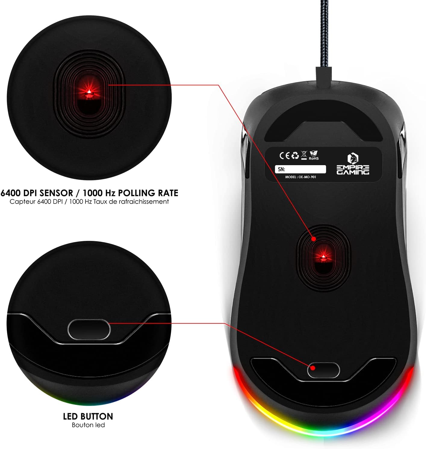 Thumbnail 5 de EMPIRE GAMING X-Blades : souris gamer filaire ambidextre RGB, jusqu’à 6400 DPI et 1000 Hz