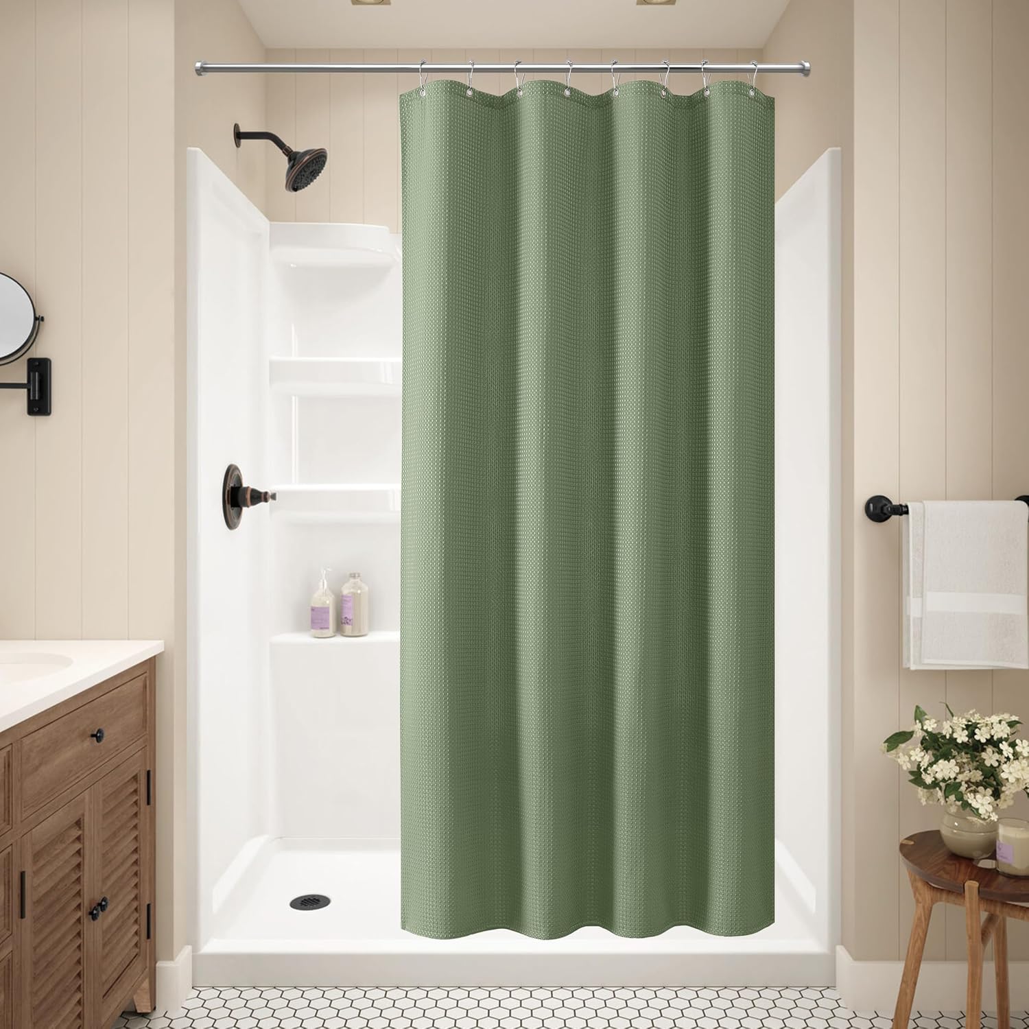 Thumbnail 1 de Rideau de douche VANZAVANZU motif gaufre imperméable anti-moisissures 122 x 182 cm (vert) avec anneaux métalliques