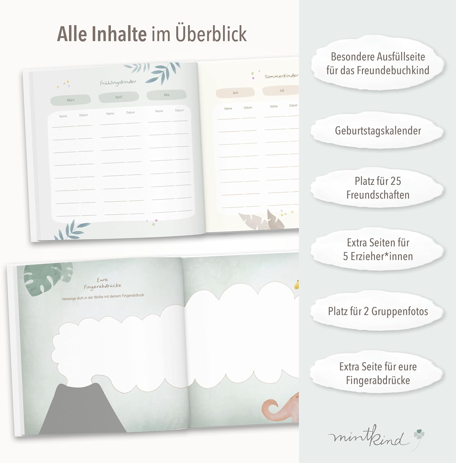 Detalle de mintkind Freundebuch Kindergarten Dino 21x21 Hardcover – 80 Seiten, Goldprägung