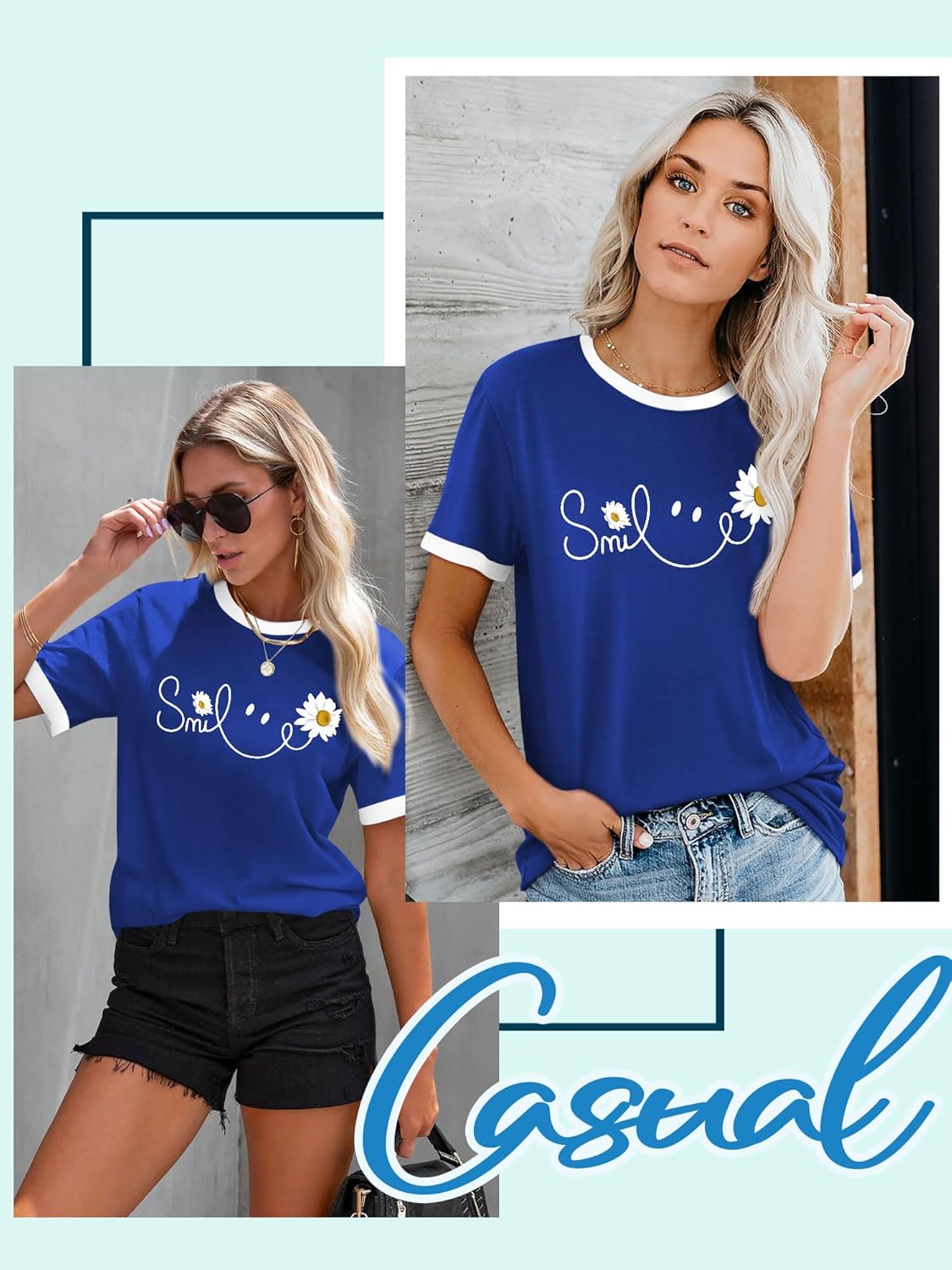 Thumbnail 3 de Yihelian Damen Kurzarm-Shirt mit Rundhalsausschnitt und „Smile“-Daisy-Print
