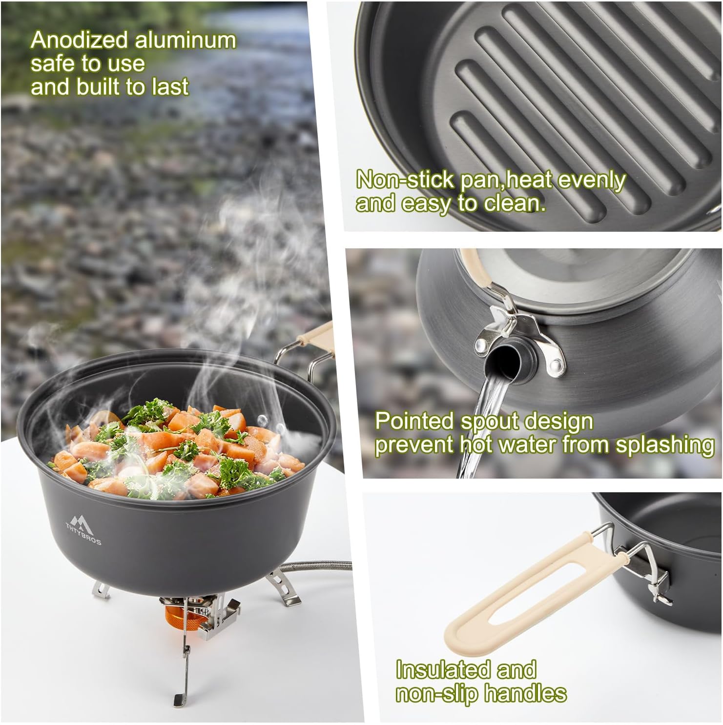 Detalle 2 de THTYBROS Camping Cookware Set with Kettle, Folding Stove and Stainless Steel Utensils