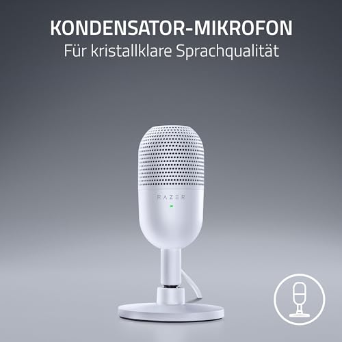 Detalle de Razer Seiren V3 Mini – Ultrakompaktes USB-Mikrofon in Weiß mit Tap-to-Mute und Stoßdämpfer