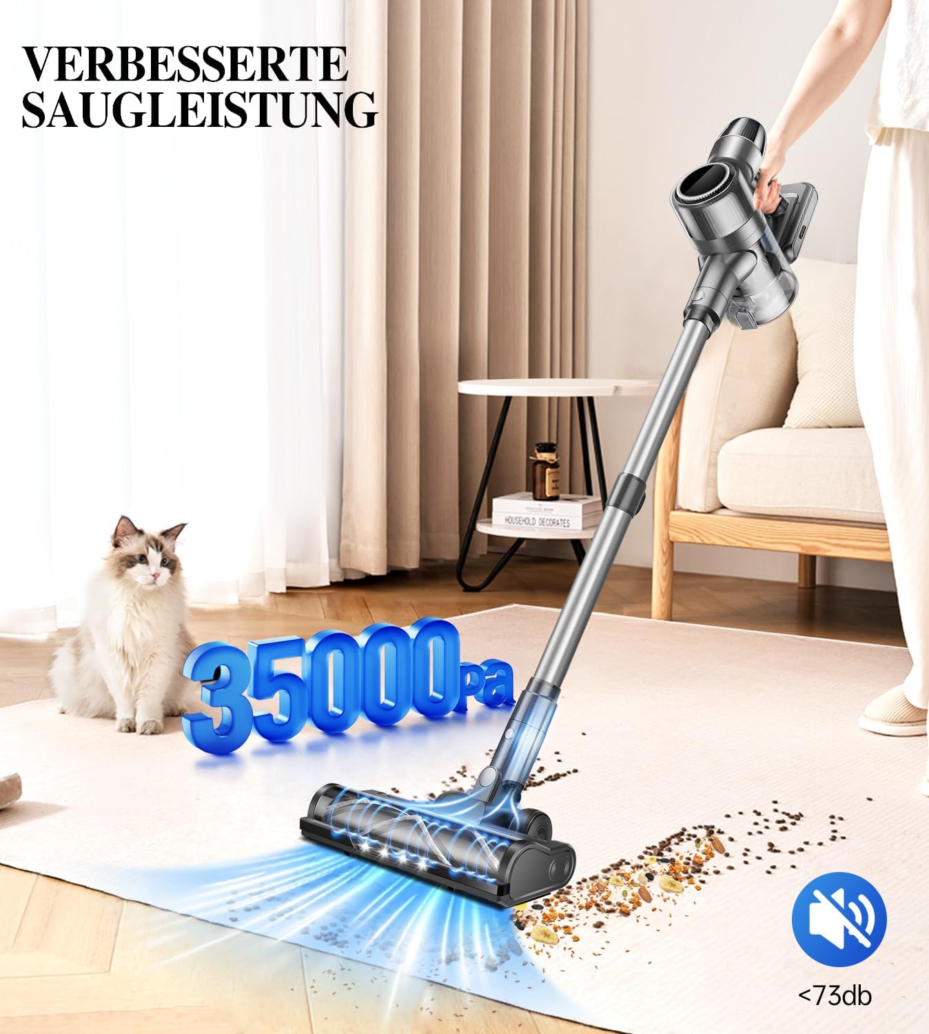 Detalle de Syntecno Akku Staubsauger Kabellos – Kabelloser Stabstaubsauger mit LED, 65‑Minuten Laufzeit und 3 Saugmodi