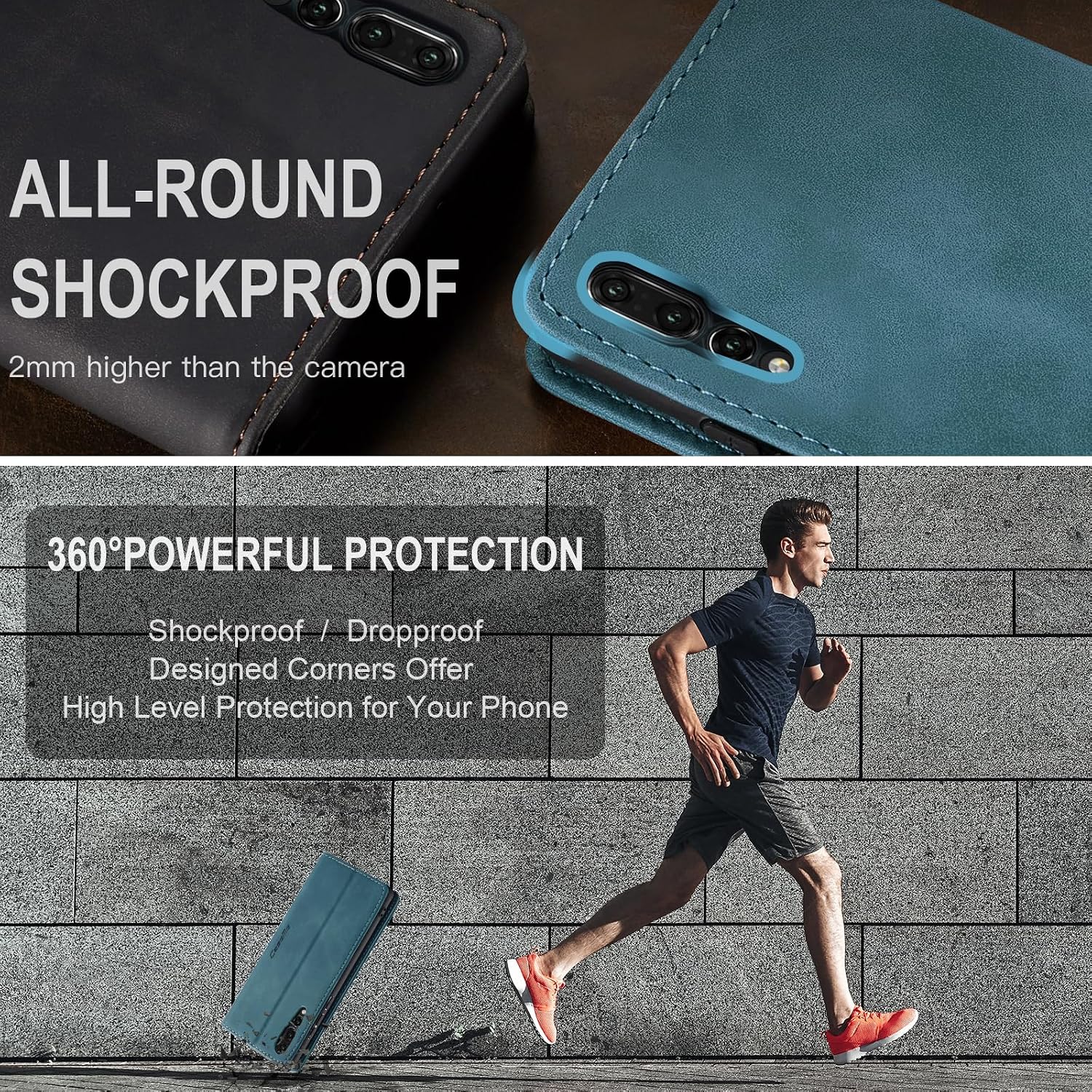 Thumbnail 6 de Cracedily Wallet Case for Huawei P20 Pro: Blue-Green Leather Flip with Card Holder