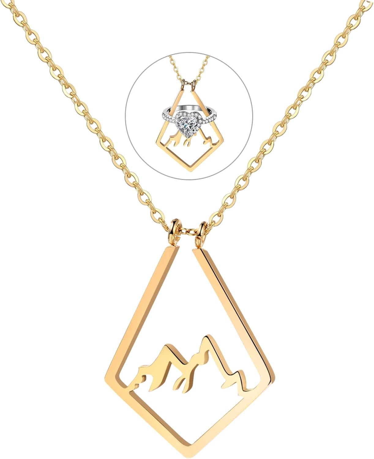 Detalle 2 de JewelryWe Berg Ringhalter Halskette – Edelstahl, Rhombus Berg Anhänger, 38 cm mit Verlängerung