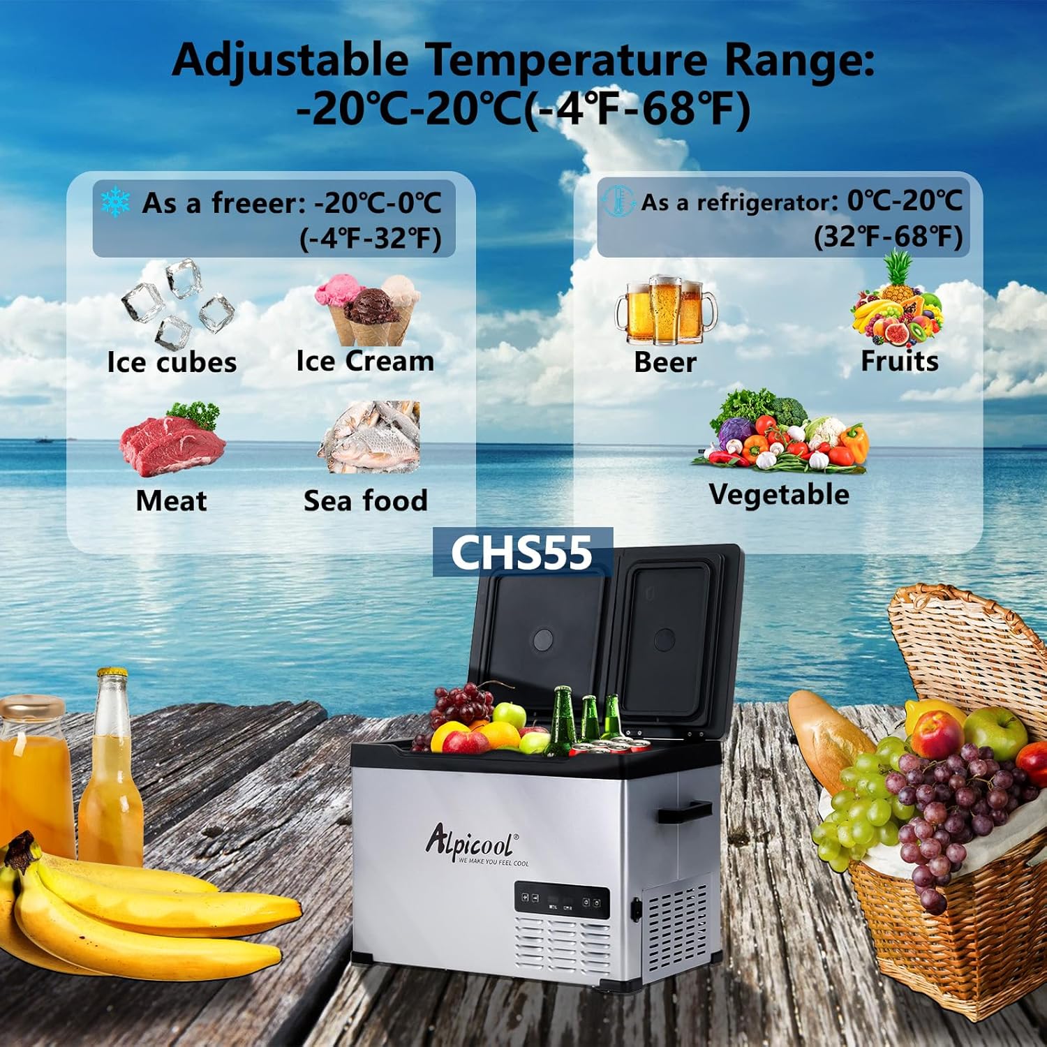 Detalle de Alpicool CHS55 40L Car Fridge Freezer: Dual‑Zone Portable Cooler for Camping and Road Trips