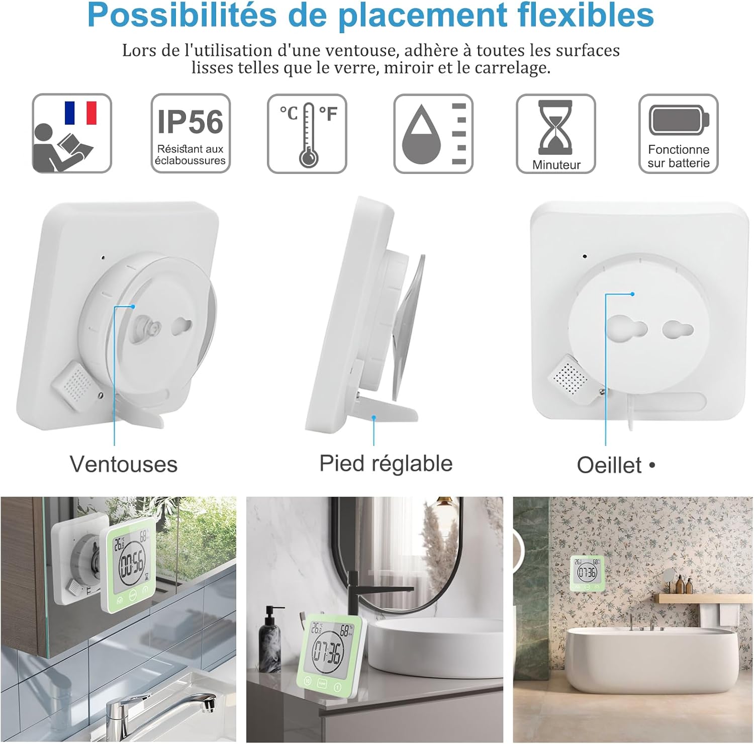 Thumbnail 1 de Horloge de salle de bain VORRINC étanche à contrôle tactile (LCD) avec thermomètre/hygromètre et minuteur