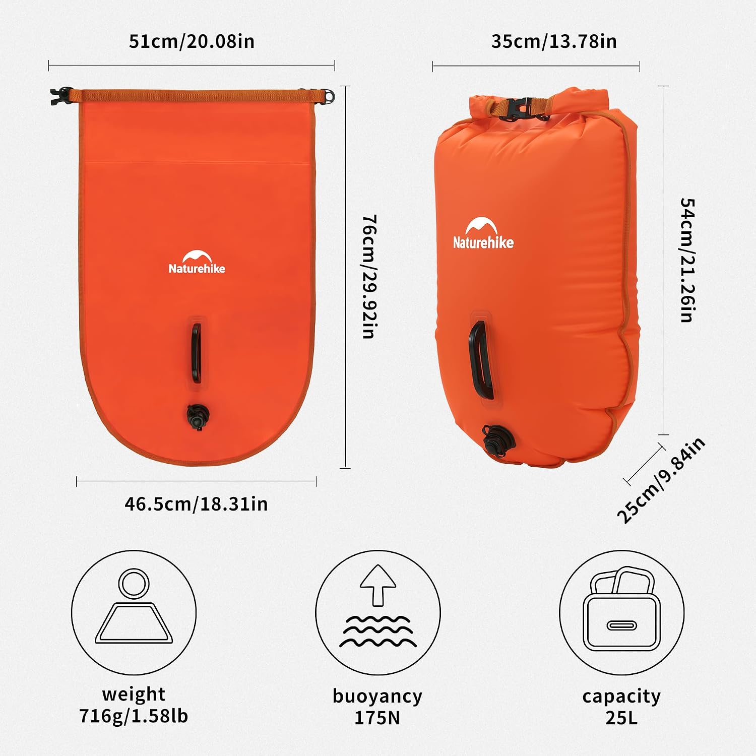 Detalle 2 de Naturehike NH17S001-G 25 L Roll-Top Dry Bag, PVC, Orange