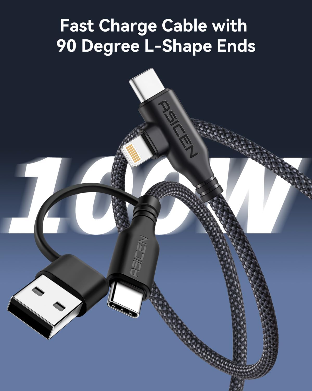 Thumbnail 1 de ASICEN 100W 4 in 1 Fast Charging Cable (6ft) with 90° right-angle connector