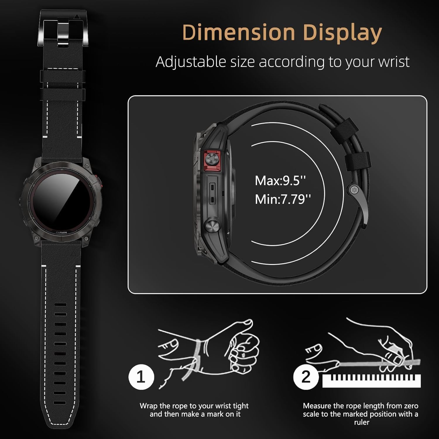 Detalle de LanQii 22mm QuickFit Leder+Silikon Armband für Garmin (Tactix 8 47 mm, Fenix 7/8 & mehr) – Schwarz