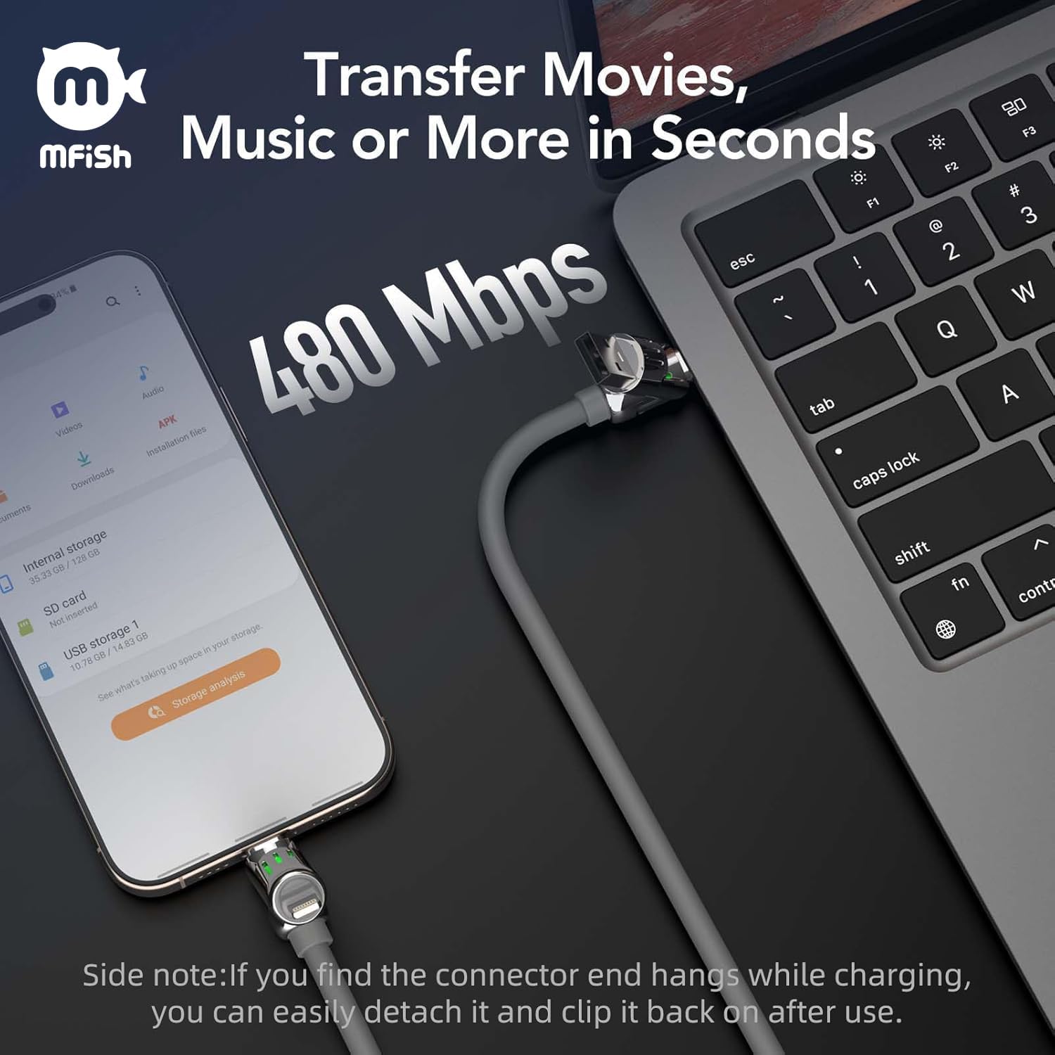 Detalle de MFish 4-in-1 USB-C Charging Cable (240W) with Built-In PD3.1 E-Marker, 6.6 ft, Grey