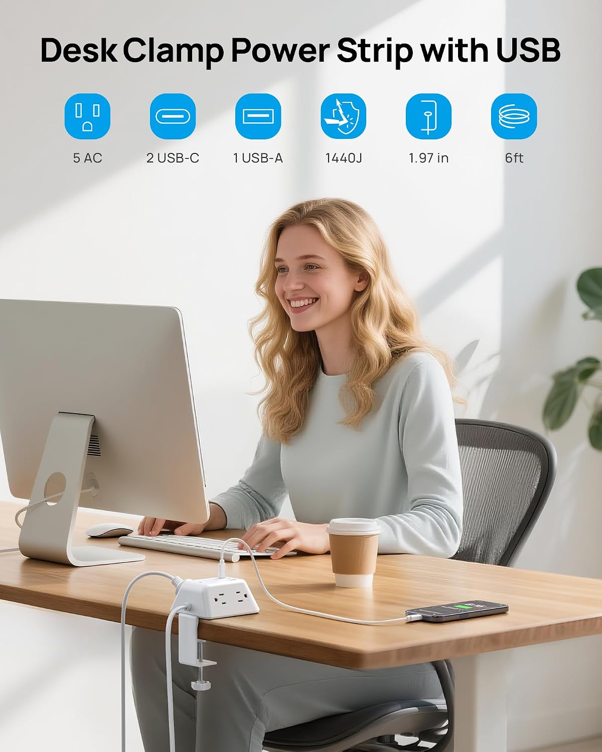 Thumbnail 1 de TROND TD-PS-US16C Desk Clamp Power Bar, 5 Outlets and 3 USB Ports