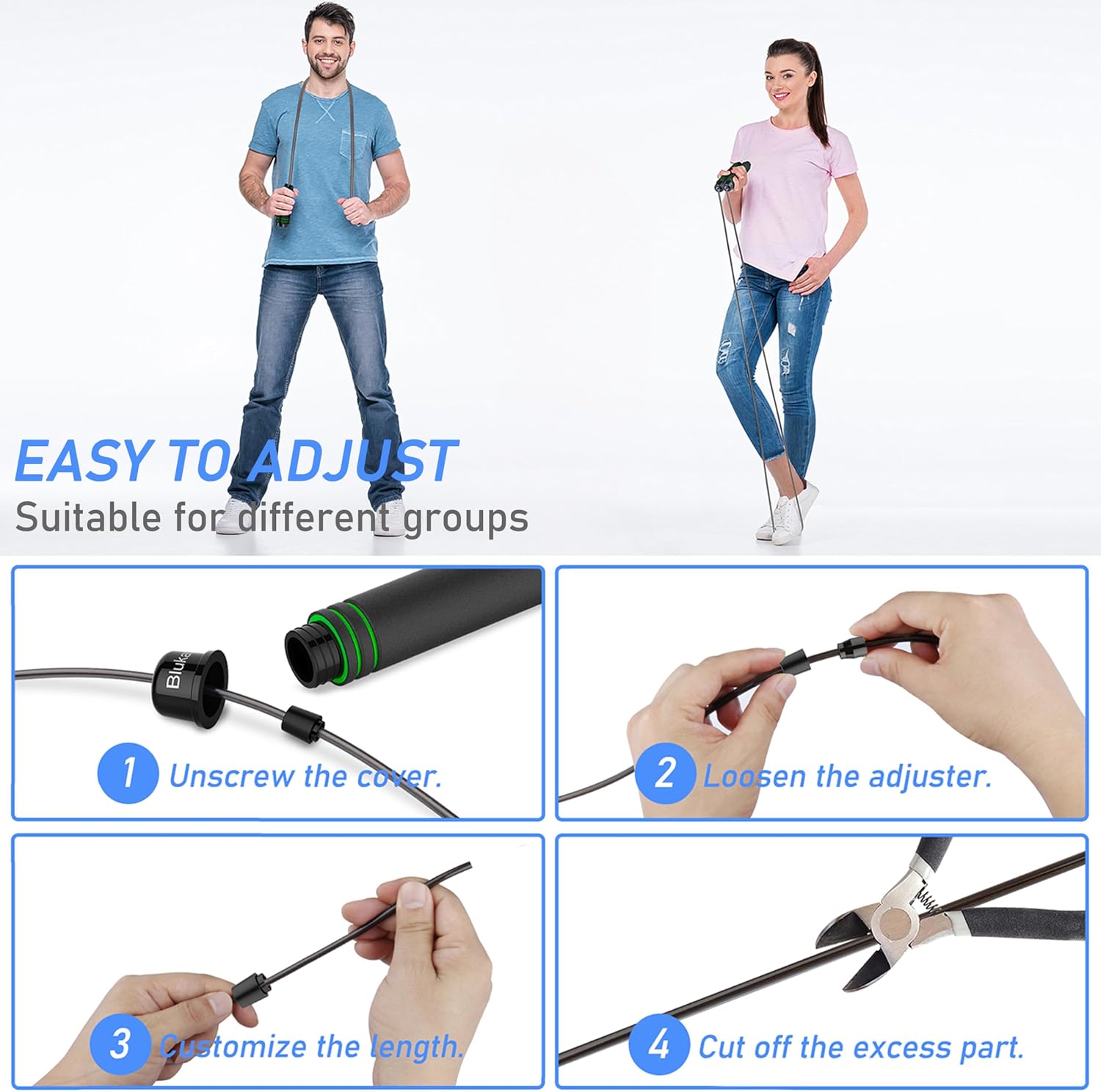Detalle de Blukar Springseil – verstellbares Speed Rope mit Hautfreundlichen Schaumgriffe, 3 m Länge, rutschfeste Griffe, ideal für Fitness, Ausdauer und Seilspringen
