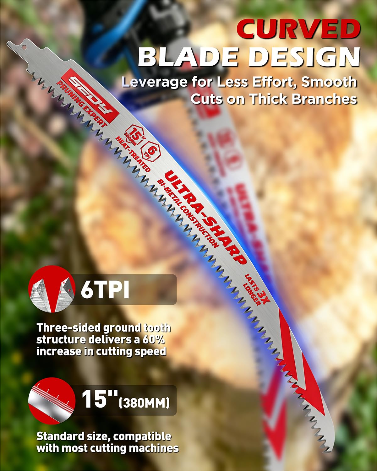 Detalle de SEDY 88107 15-Inch Reciprocating Saw Blades, Japanese Teeth, 6 TPI, 3-Pack