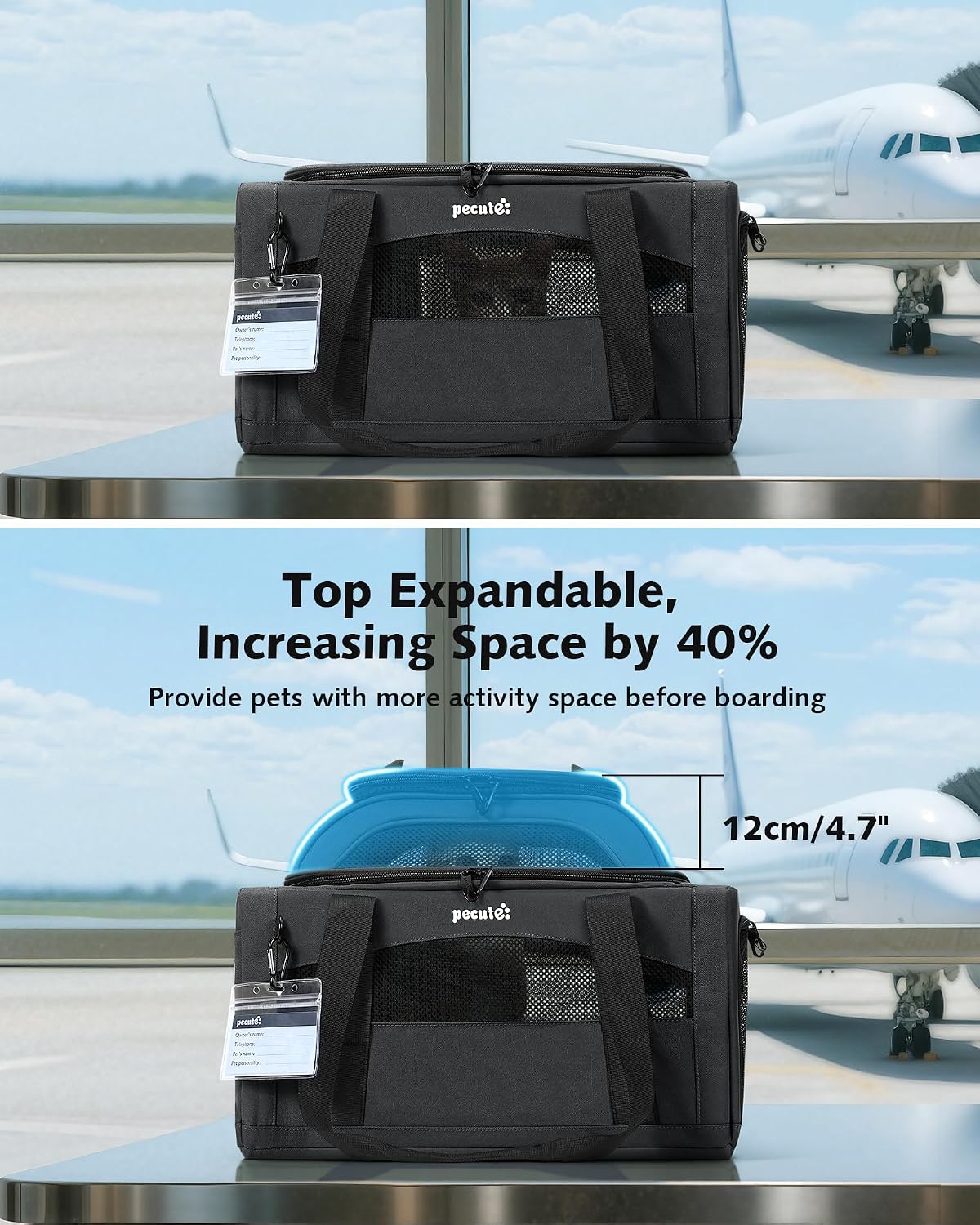Thumbnail 3 de Pecute Airline Approved Top Expandable Cat Carrier (Dark Grey) with Breathable Mesh Windows