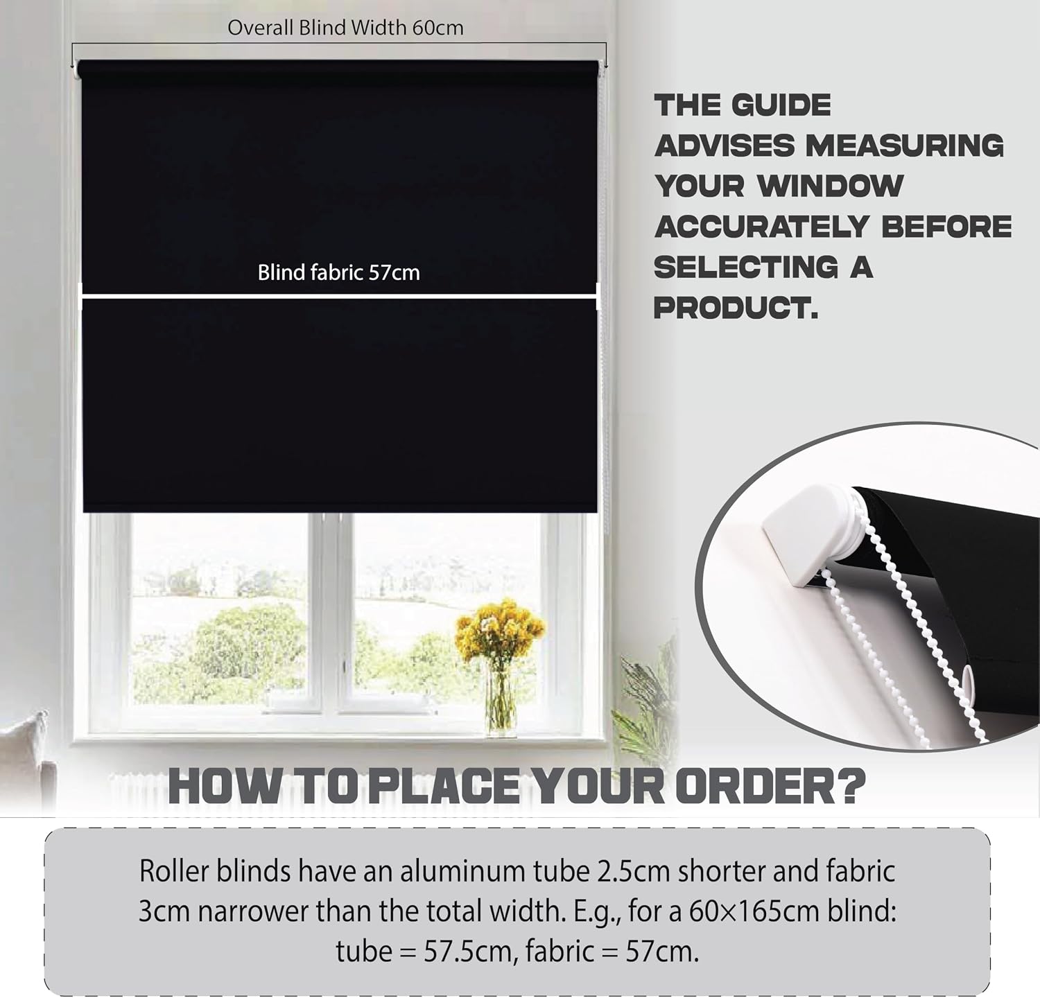 Detalle de FUNKY GADGETS Blackout Roller Blinds, Black (60cm W x 165cm Drop) – 100% Blackout with Thermal Insulation