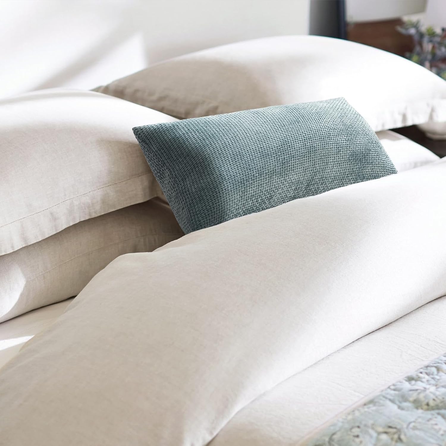Detalle de Topfinel Kissenbezug 30x50 Blau im 4er-Set Chenille (Rattan-Webstil) mit waschbarem Bezug